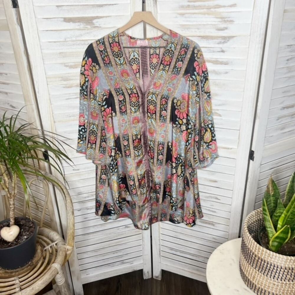 CIENNA Australia Women's XL Floral Boho Kimono Silk Snap Flowy Lightweight Tunic - Picture 14 of 14